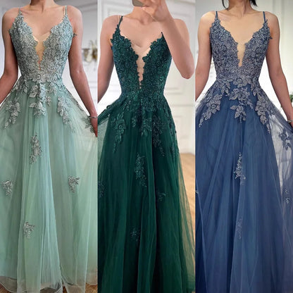 Luxury Sage Green Lace A-Line Prom Dress with Spaghetti Straps LA73005 - SERENE HILL