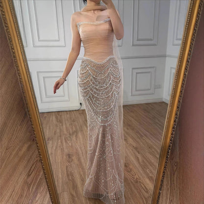 Luxury Nude Mermaid Crystal Evening Dress for Wedding Guest LA73320 - SERENE HILL