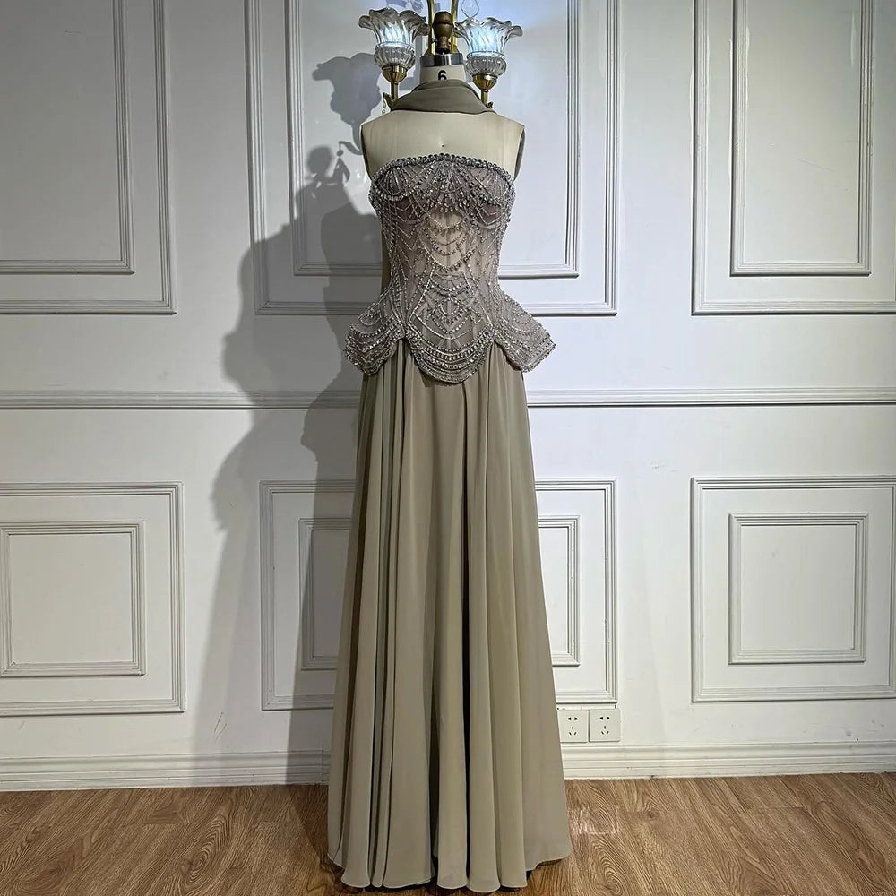 Luxury Designer Nude Beaded Chiffon Evening Dress LA72915 caramel / 16 Luxury Designer Nude Beaded Chiffon Evening Dress LA72915 caramel / 16