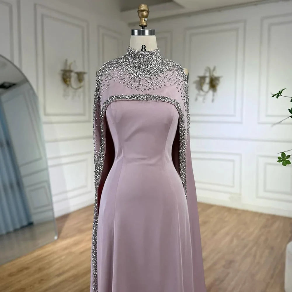 Elegant High Neck Evening Dress with Crystals and Long Cape LA73068 - SERENE HILL
