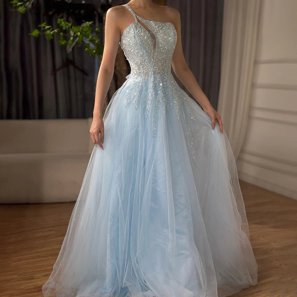 Serene Hill Blue Spaghetti Strap A Line One Shoulder Prom Dress 2025 LA72589 - SERENE HILL