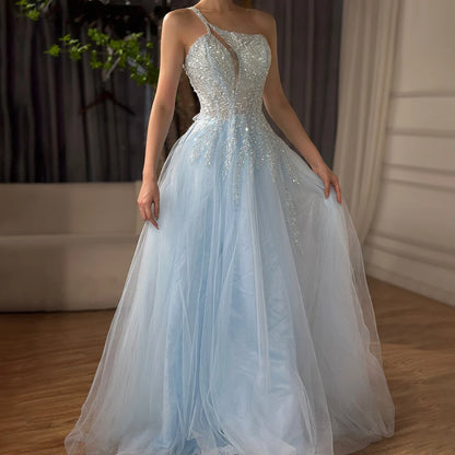Serene Hill Blue Spaghetti Strap A Line One Shoulder Prom Dress 2025 LA72589 - SERENE HILL