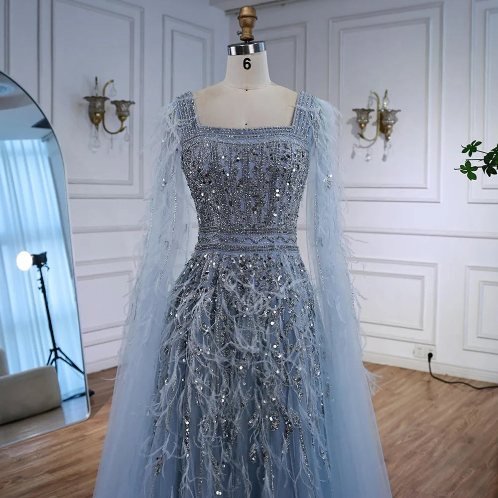 Elegant Blue Beaded Feather A-Line Evening Dress With Cape LA73043 - SERENE HILL