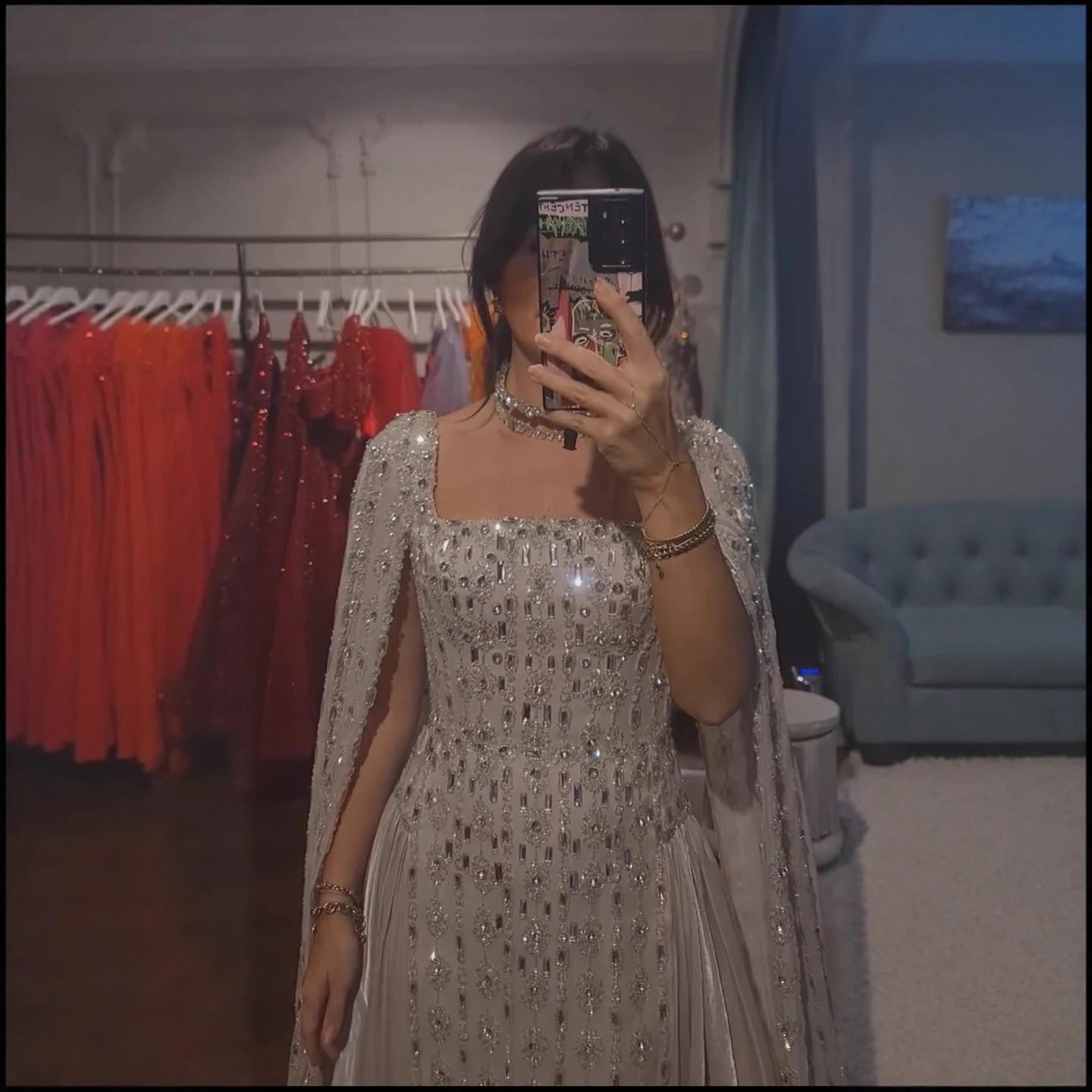 Luxury Silver Dubai Crystal Evening Dress with Cape LA73272 - SERENE HILL