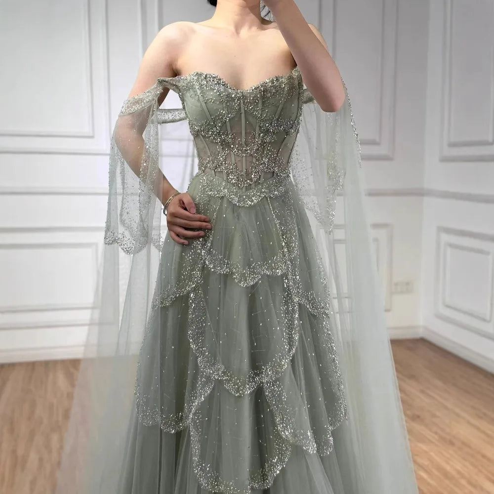 Luxury Arabic Sage Green Beaded A-Line Evening Dress with Cape LA72605A - SERENE HILL