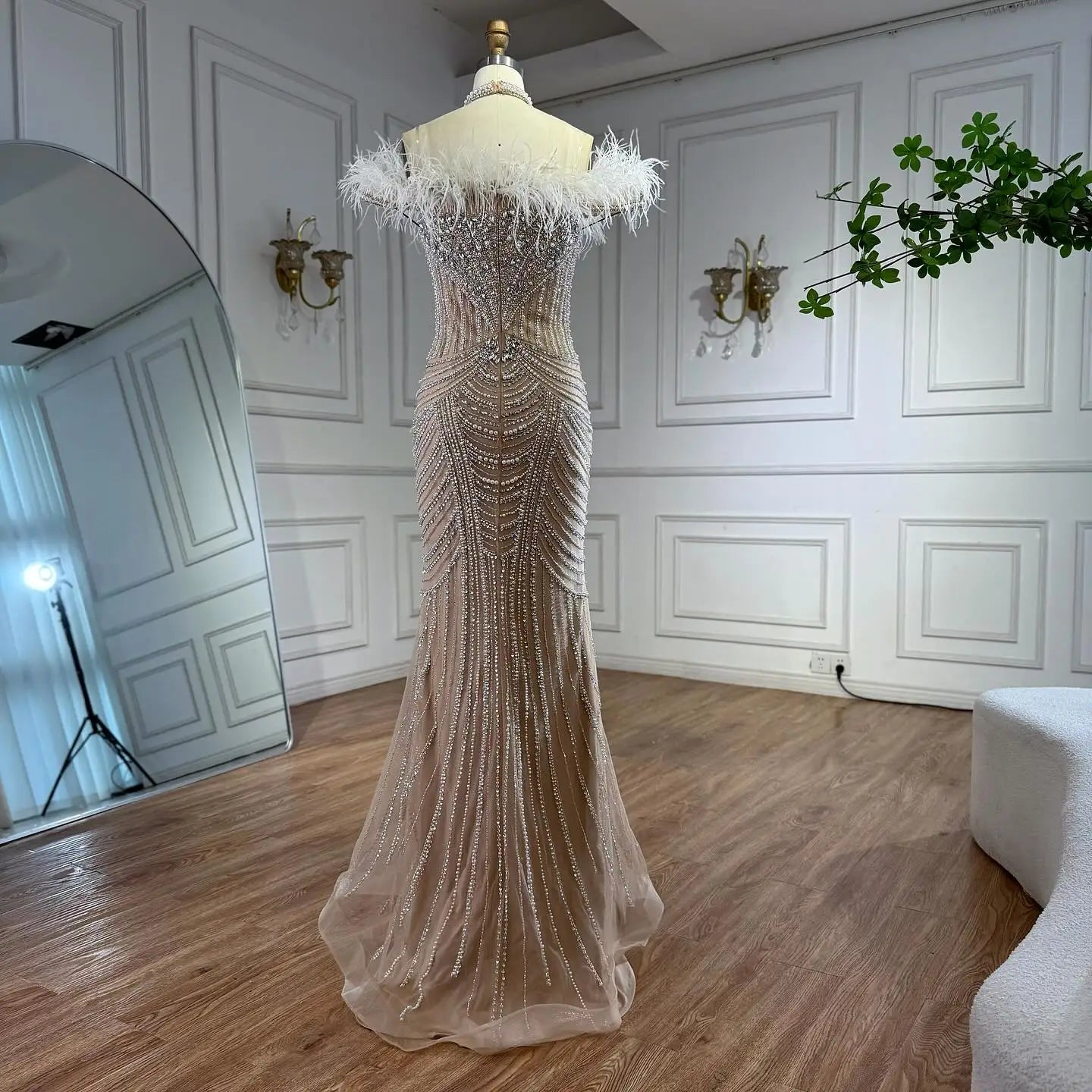 Luxury Pink Feather Halter Beaded Evening Gown for Wedding Party LA73212 - SERENE HILL