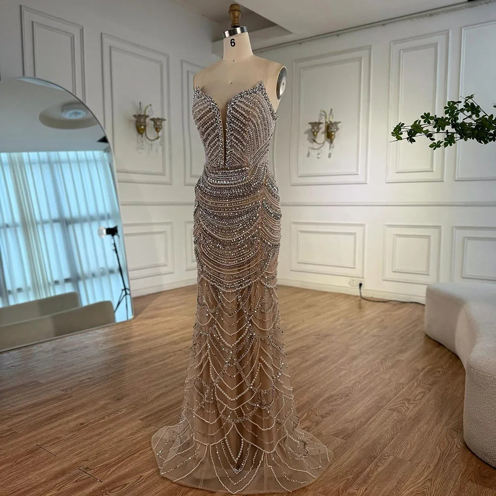 Luxury Nude Silver Beaded Evening Gown with Crystals LA72900 - SERENE HILL