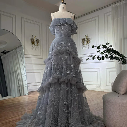 Luxury Dubai Arabic Gray A-Line Off-The-Shoulder Beaded Luxury Saudi Evening Gown for Formal Occasion LA72762 - SERENE HILL