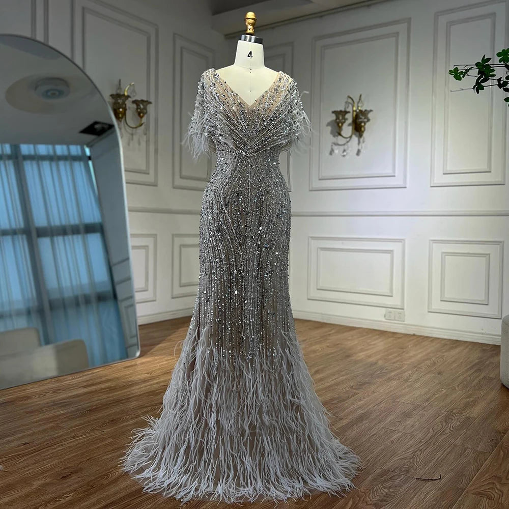 Luxury White Nude Beaded Feather Mermaid Evening DressLA72837 - SERENE HILL