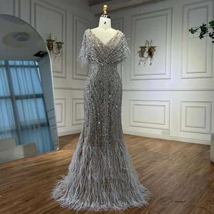 Luxury White Nude Beaded Feather Mermaid Evening DressLA72837 - SERENE HILL