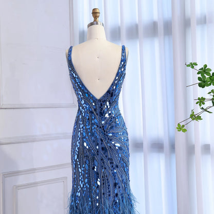 Luxury Blue Beaded Feather Mermaid Evening Dress LA73369 - SERENE HILL