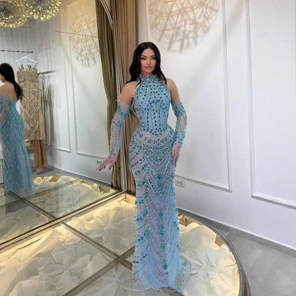 Luxury Dubai Arabic Blue Beaded Evening Dress with Gloves LA72760A - SERENE HILL