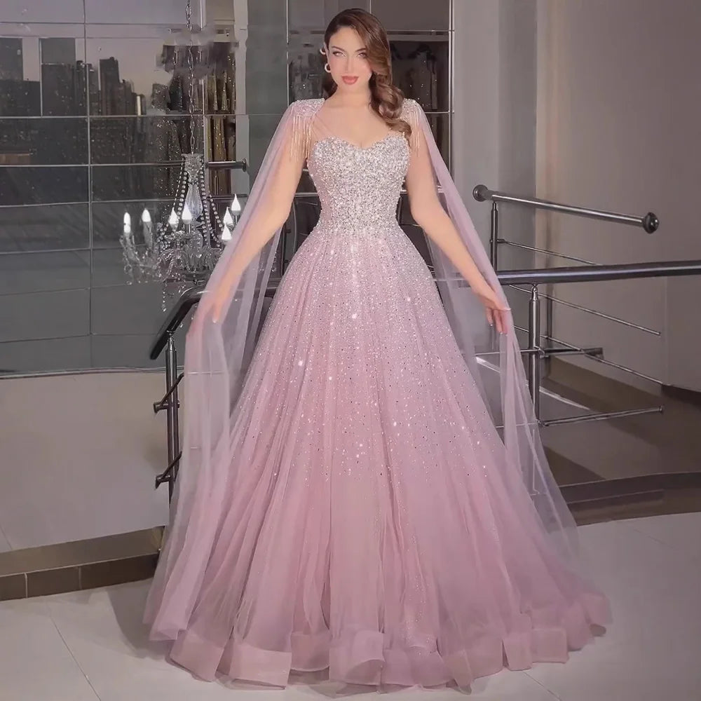 Luxury Pink Tulle Beaded A-Line Evening Dress with Cape Sleeves LA73072 - SERENE HILL