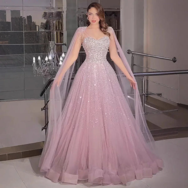 Luxury Pink Tulle Beaded A-Line Evening Dress with Cape Sleeves LA73072