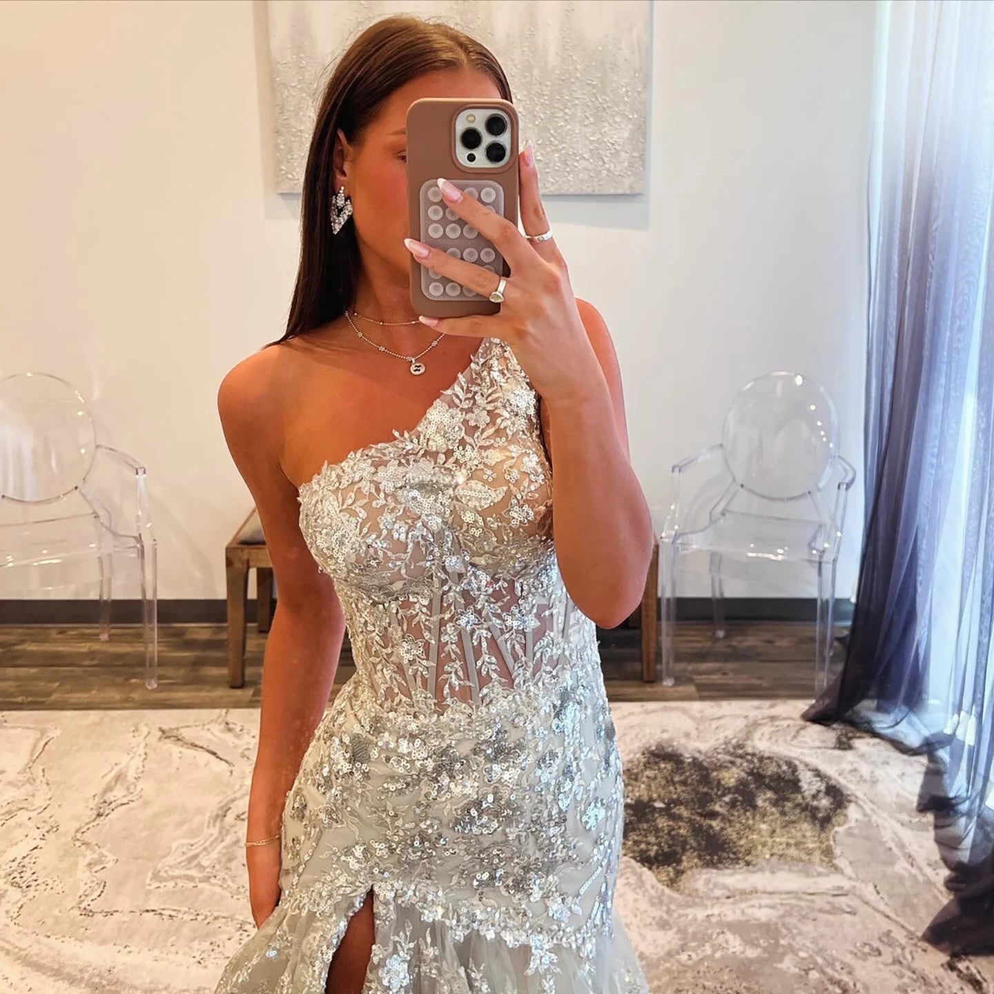 Luxury Silver Tiered Beaded One Shoulder Formal Evening Dress LA72593B - SERENE HILL