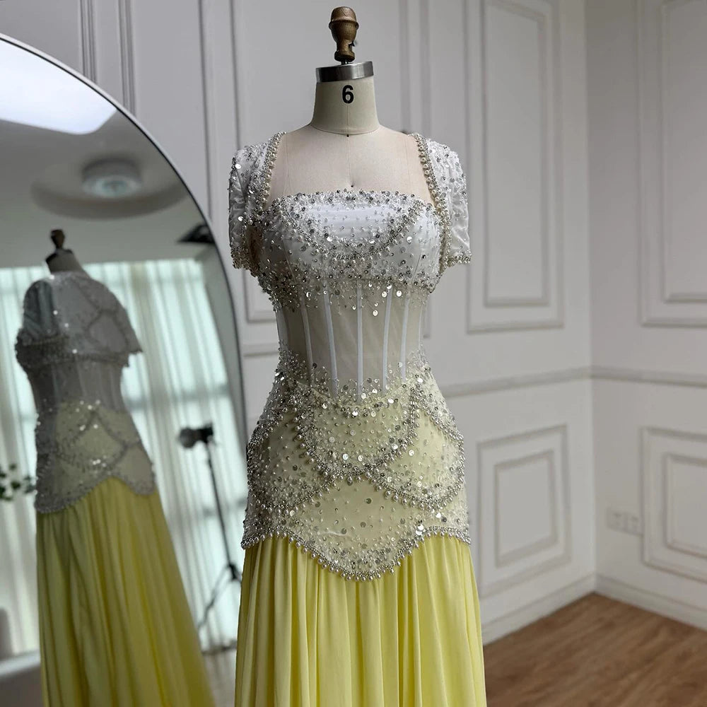 Luxury Yellow Pearls A-Line Evening Dress with Flowing Coat LA72978 - SERENE HILL