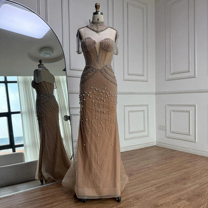 Luxury Nude Pearl Beaded Tassel Mermaid Evening Dress LA73183 - SERENE HILL