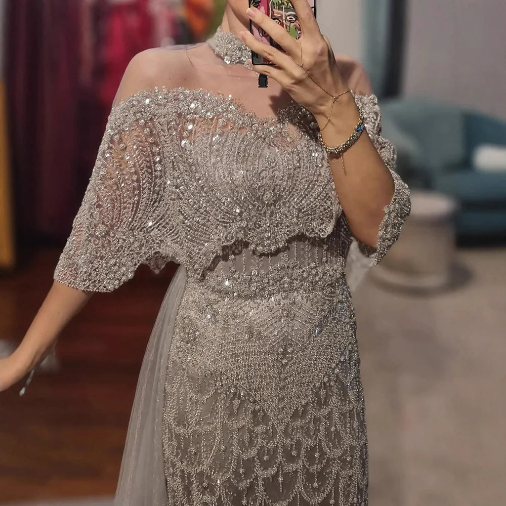 Luxury Gray Beaded Evening Dress with Overskirt 