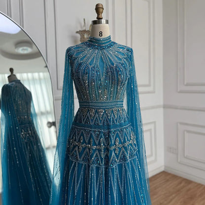 Luxury Arabic Blue Beaded Evening Dress with Cape Sleeves LA73187 - SERENE HILL