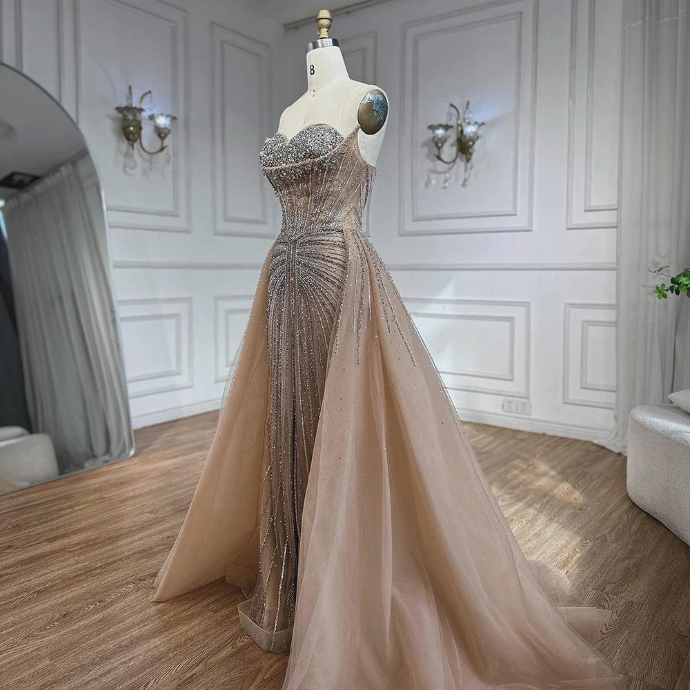 Luxury Dubai Nude Beaded Mermaid Evening Dress with Overskirt LA72811 - SERENE HILL