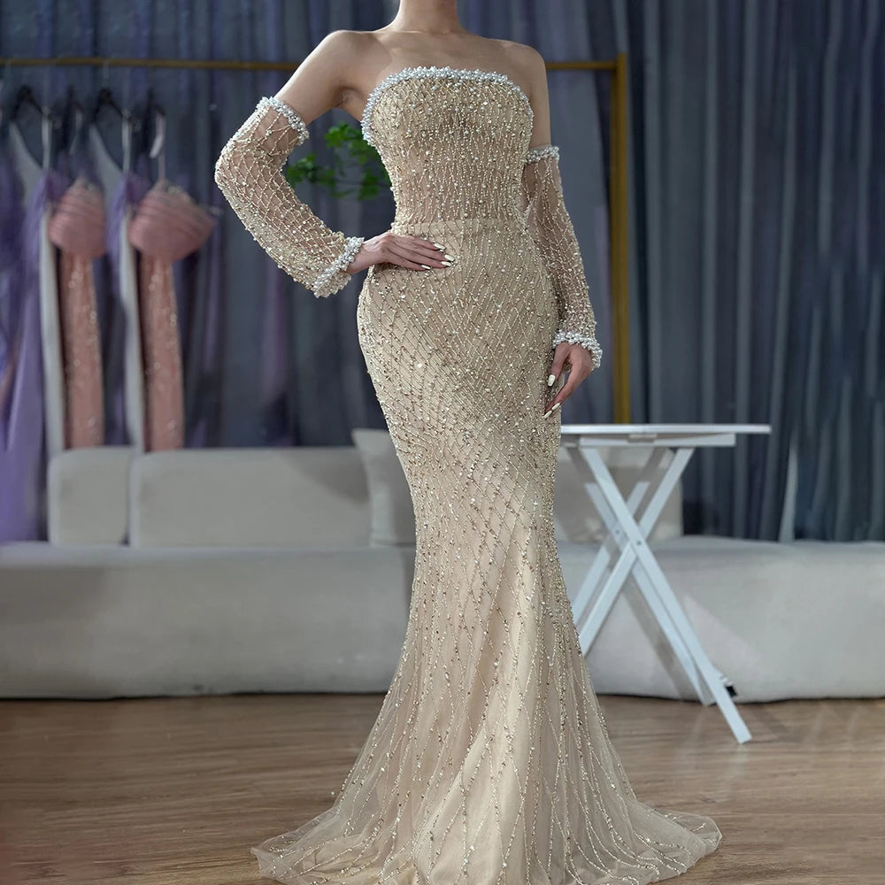 Dubai Elegant White Nude Beaded Evening Dress with Gloves LA72649 SERENE HILL Dubai Elegant White Nude Beaded Evening Dress with Gloves LA72649 SERENE HILL