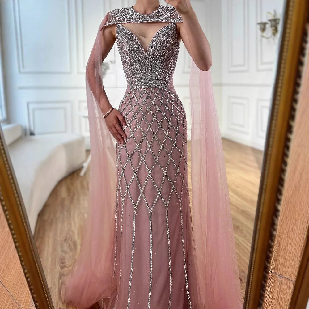 Luxury Nude Beaded Mermaid Evening Dress with Cape LA72814 - SERENE HILL