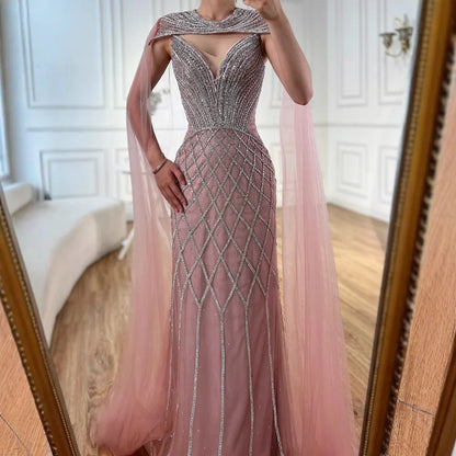 Luxury Nude Beaded Mermaid Evening Dress with Cape LA72814 - SERENE HILL