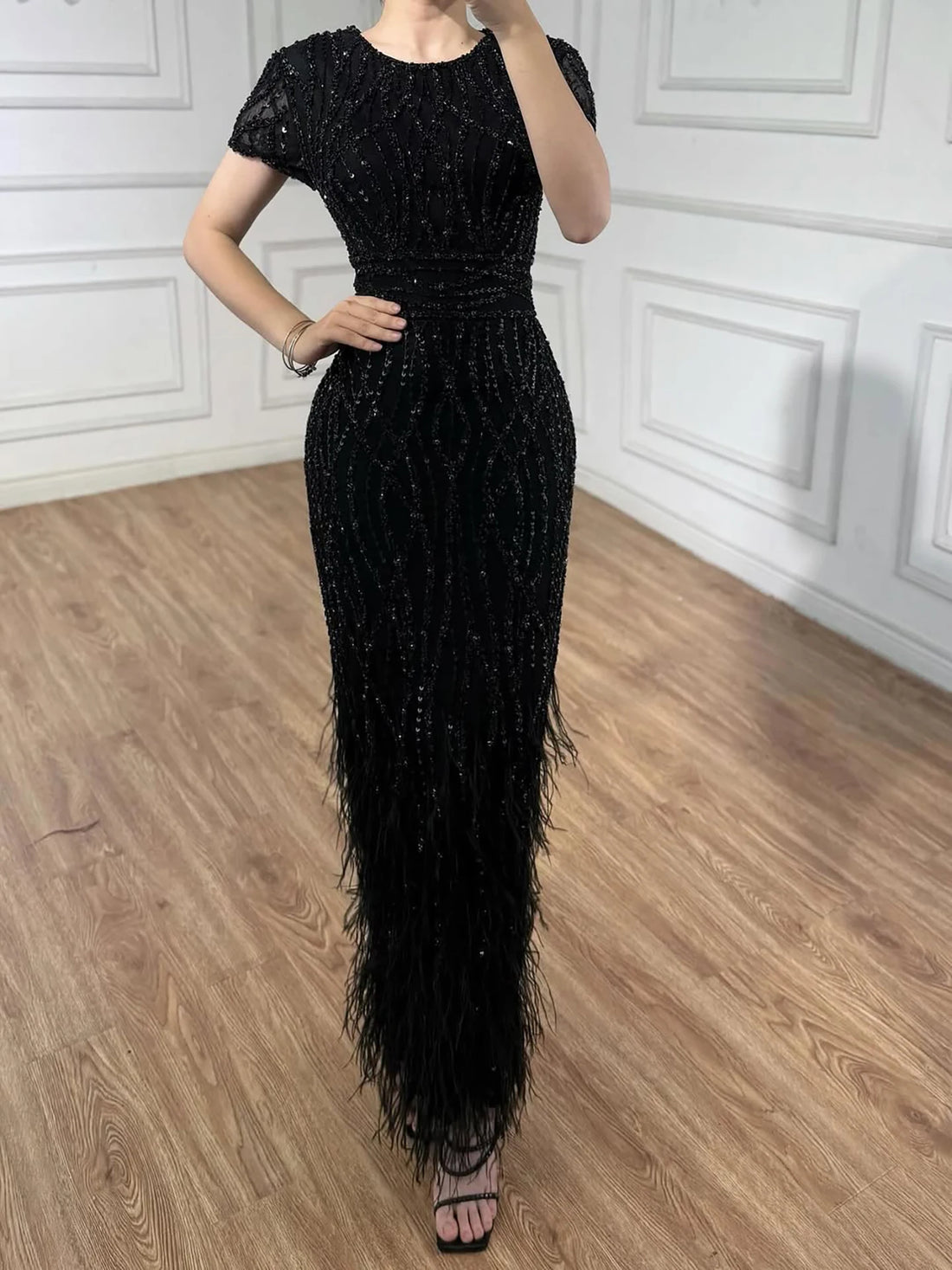 White Nude Ankle Length Beaded Evening Dress with Feathers LA72076A - SERENE HILL
