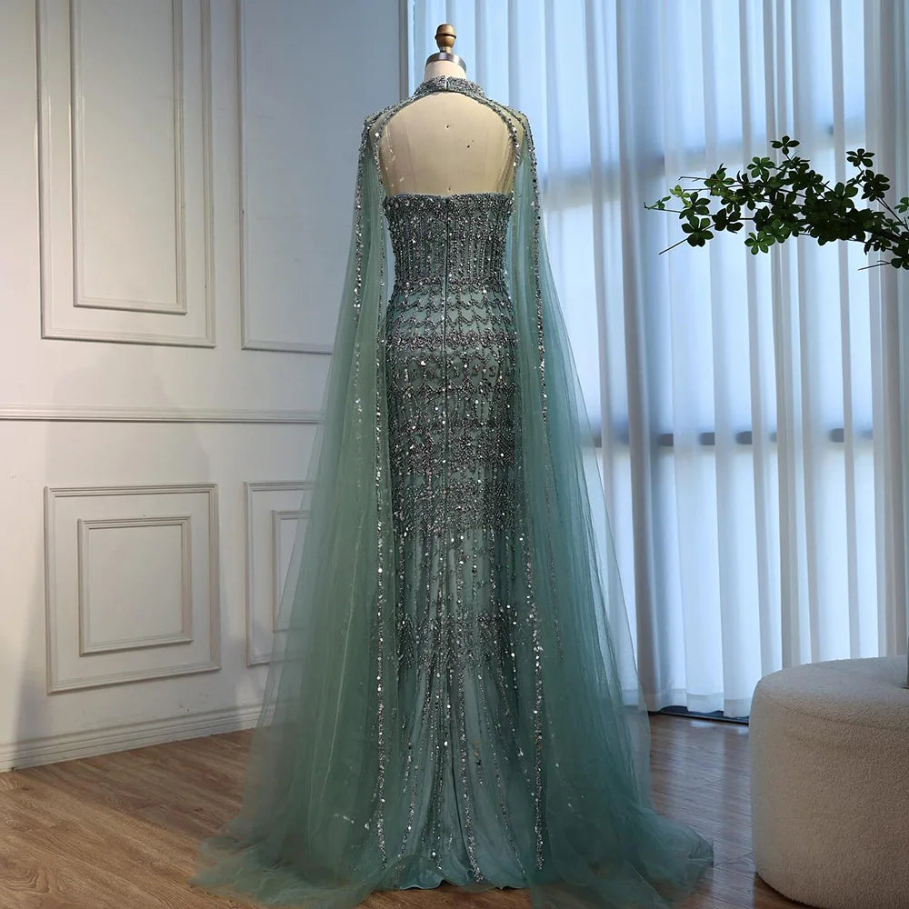 Luxury Turquoise Beaded Evening Dress with Detachable Cape LA72714B - SERENE HILL