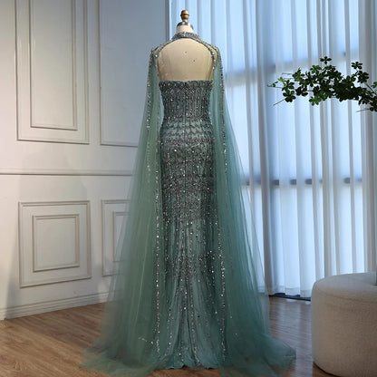 Luxury Turquoise Beaded Evening Dress with Detachable Cape LA72714B - SERENE HILL