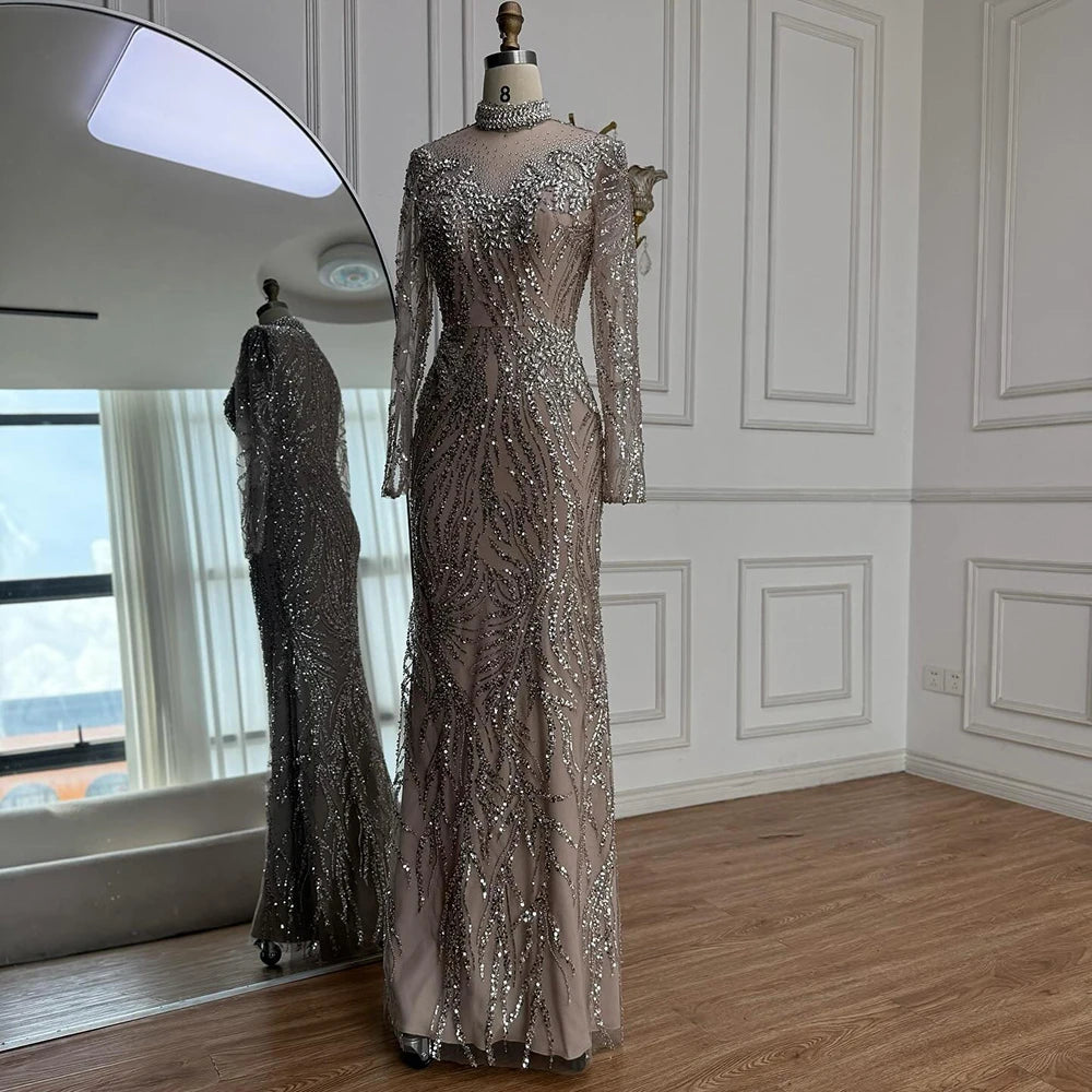 Luxury Silver Nude Beaded Mermaid Evening Dress LA73083 - SERENE HILL