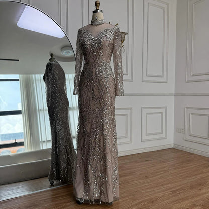 Luxury Silver Nude Beaded Mermaid Evening Dress LA73083 - SERENE HILL