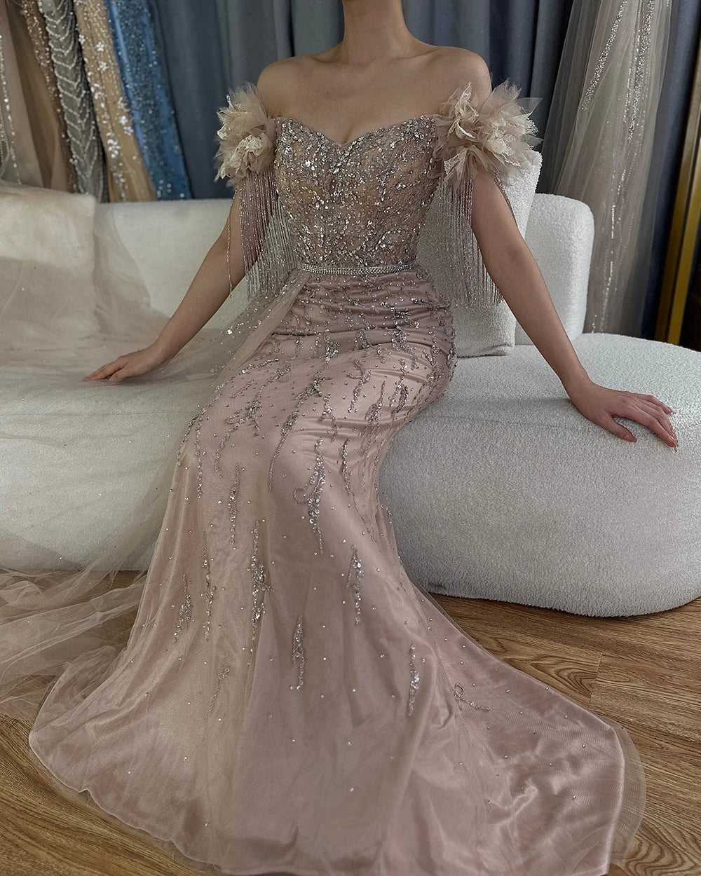 Serene Hill Arabic Dubai Nude Mermaid Luxury Evening Dresses Gowns Boat Neck Beaded Tassel For Women Wedding Party 2025 LA72260 - SERENE HILL