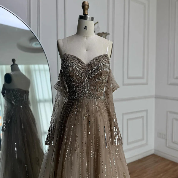 Luxury Caramel Crystal Beaded Strapless Long Sleeve Mermaid Evening Dress LA73130
