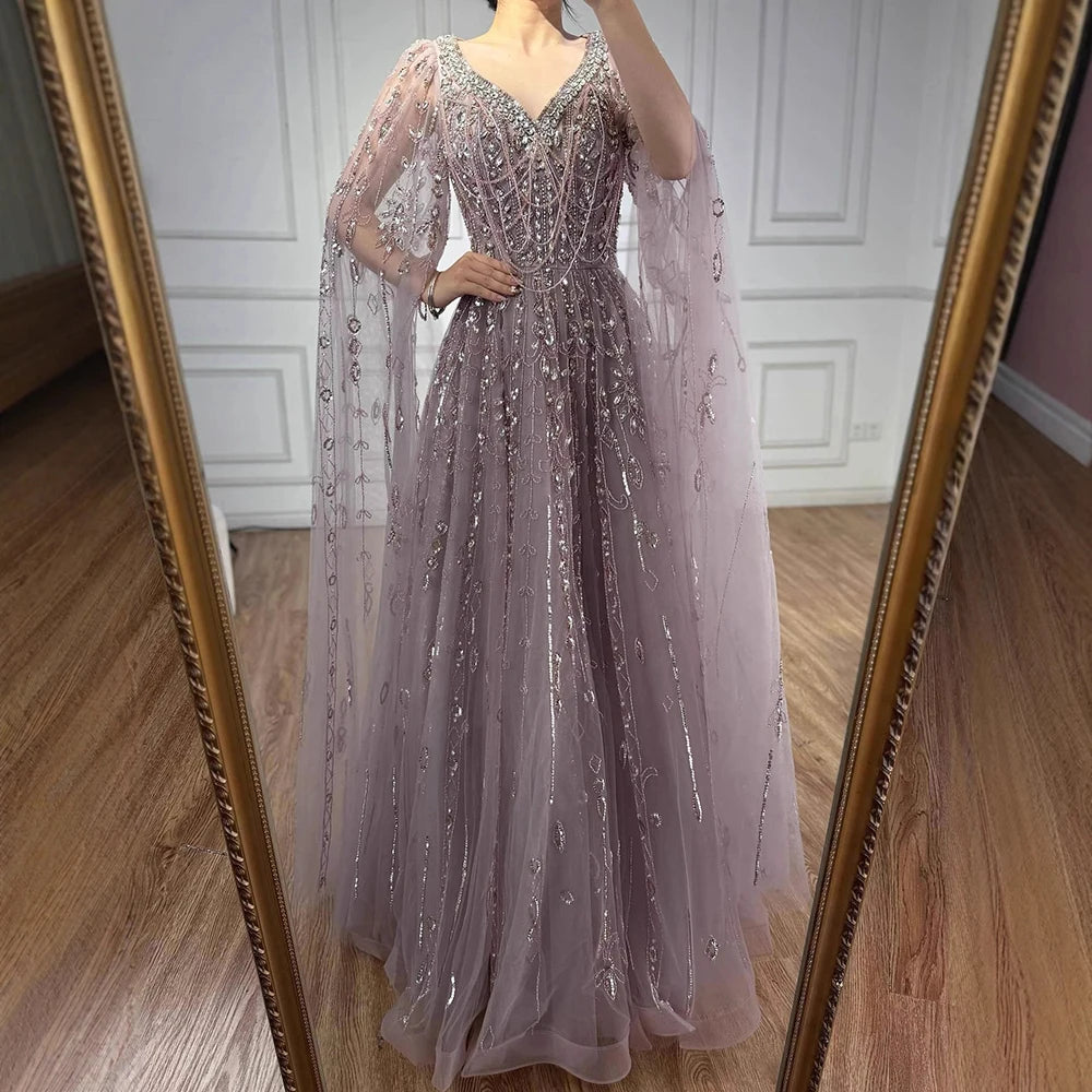 Luxury Nude Beaded Evening Dress with Cape Sleeves for Formal Occasion LA72764A - SERENE HILL