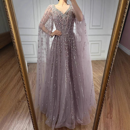 Luxury Nude Beaded Evening Dress with Cape Sleeves for Formal Occasion LA72764A - SERENE HILL