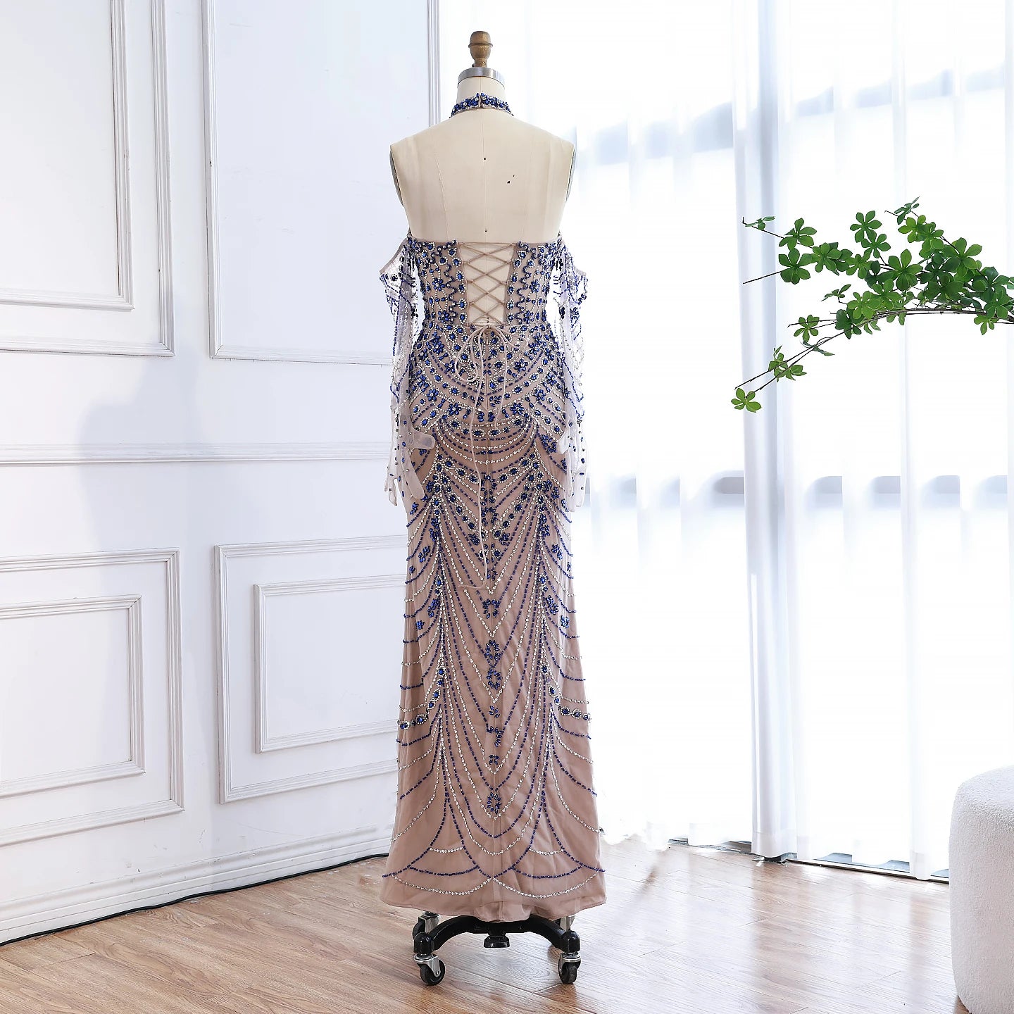 Luxury Kosovo Blue Evening Dress With Gloves LA72760C - SERENE HILL