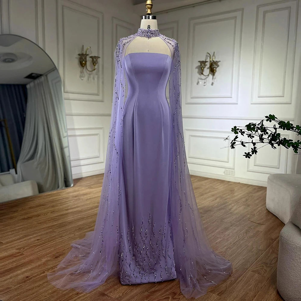Lilac Elegant Evening Dresses with Luxury Beaded Long Cape Gown for Party LA72828 - SERENE HILL