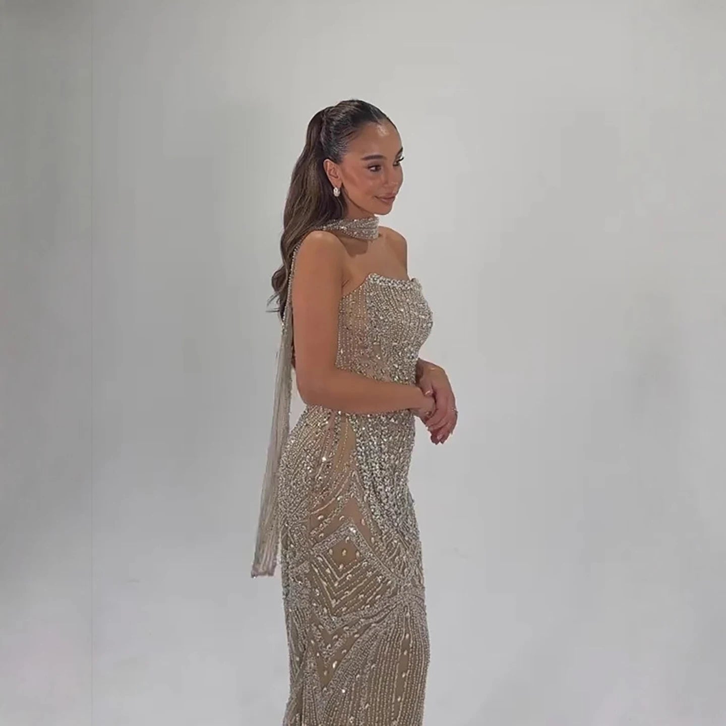 Luxury Arabic Nude Crystal Beaded Mermaid Evening Dress with Jacket LA73376 - SERENE HILL