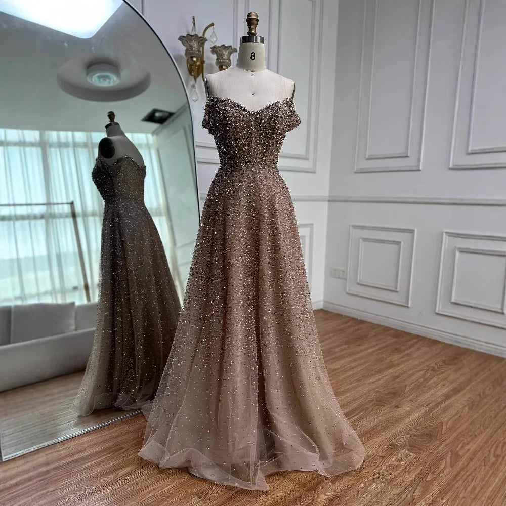 Caramel Off Shoulder A-Line Arabic Evening Dress LA72147B - SERENE HILL