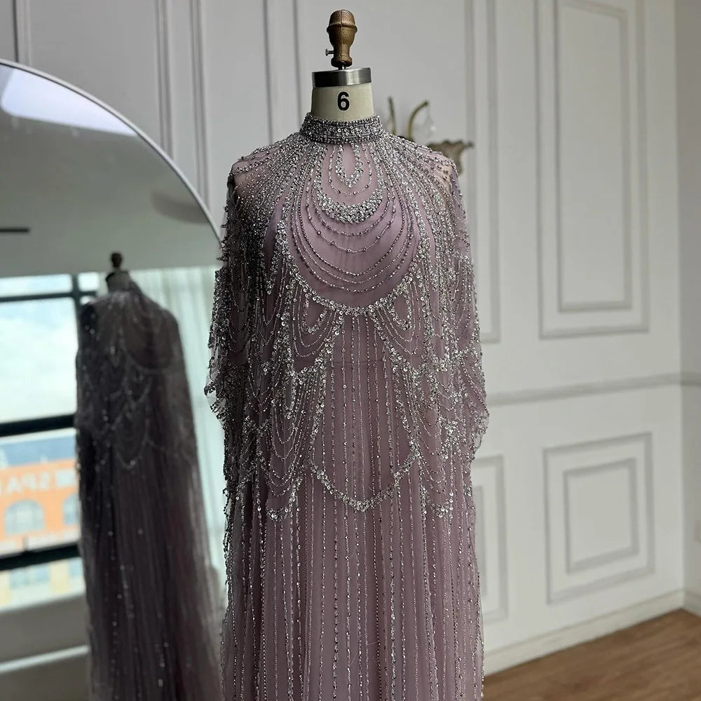 Luxury Silver Nude Beaded Mermaid Evening Dress with Cape LA72484A - SERENE HILL