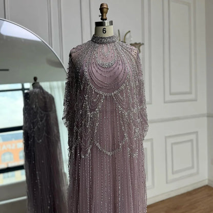 Luxury Silver Nude Beaded Mermaid Evening Dress with Cape LA72484A - SERENE HILL