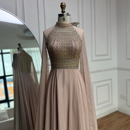 Luxury Nude Chiffon Beaded Evening Dress with Cape LA73144 - SERENE HILL