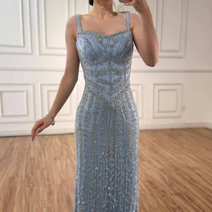 Luxury Arabic Blue Spaghetti Strap Mermaid Evening Dress Beaded LA72725 - SERENE HILL
