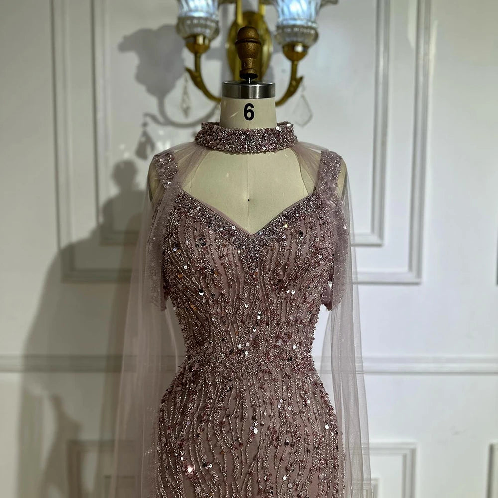 Pink Mermaid Luxury Beaded Evening Gown with Cape Sleeves LA72921 - SERENE HILL