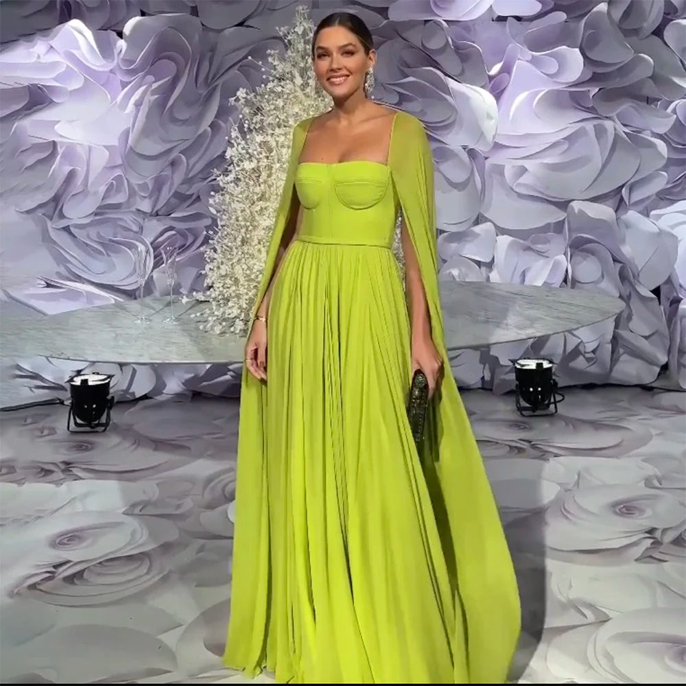Saudi Arabic Lemon Yellow Dubai Evening Dresses with Cape LA71988 - SERENE HILL