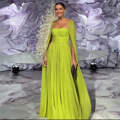 Saudi Arabic Lemon Yellow Dubai Evening Dresses with Cape LA71988 - SERENE HILL