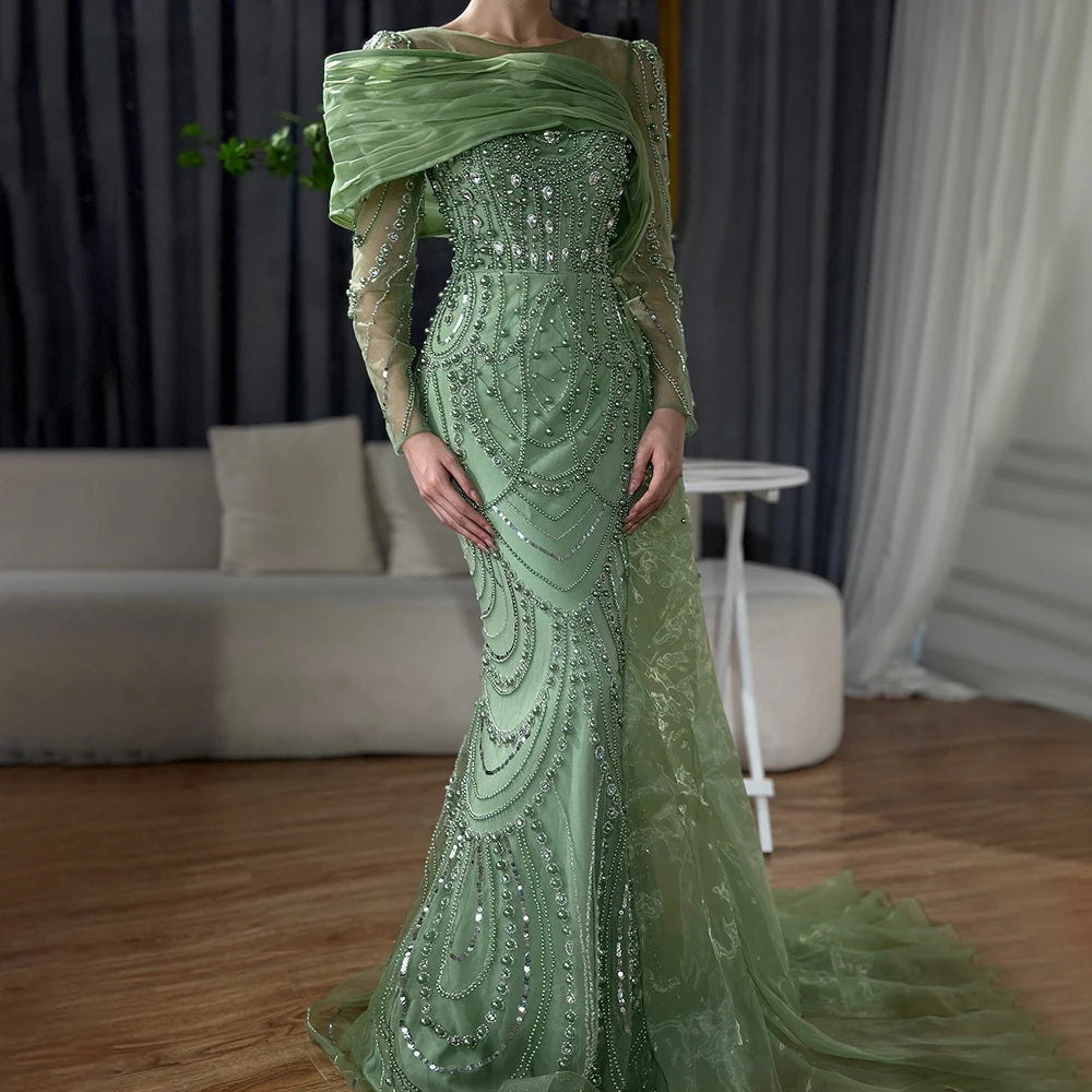 Luxury Designer Nude Crystal Mermaid Evening Dress with Overskirt LA72348 - SERENE HILL