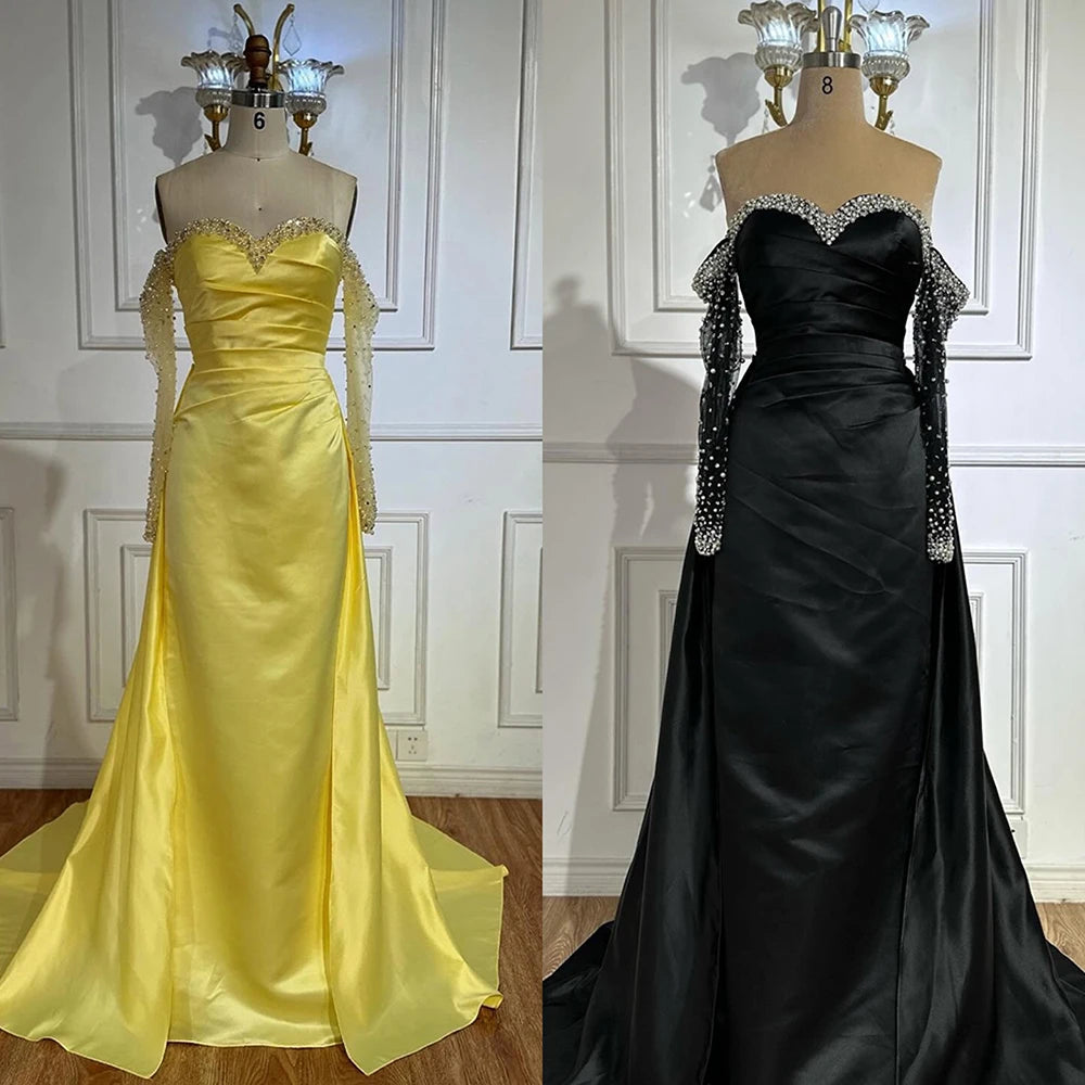 Elegant Yellow Mermaid Beaded Evening Gown with Detachable Sleeves LA72777 - SERENE HILL