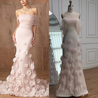 Elegant pink 3D flower off-shoulder evening dress LA72943 - SERENE HILL